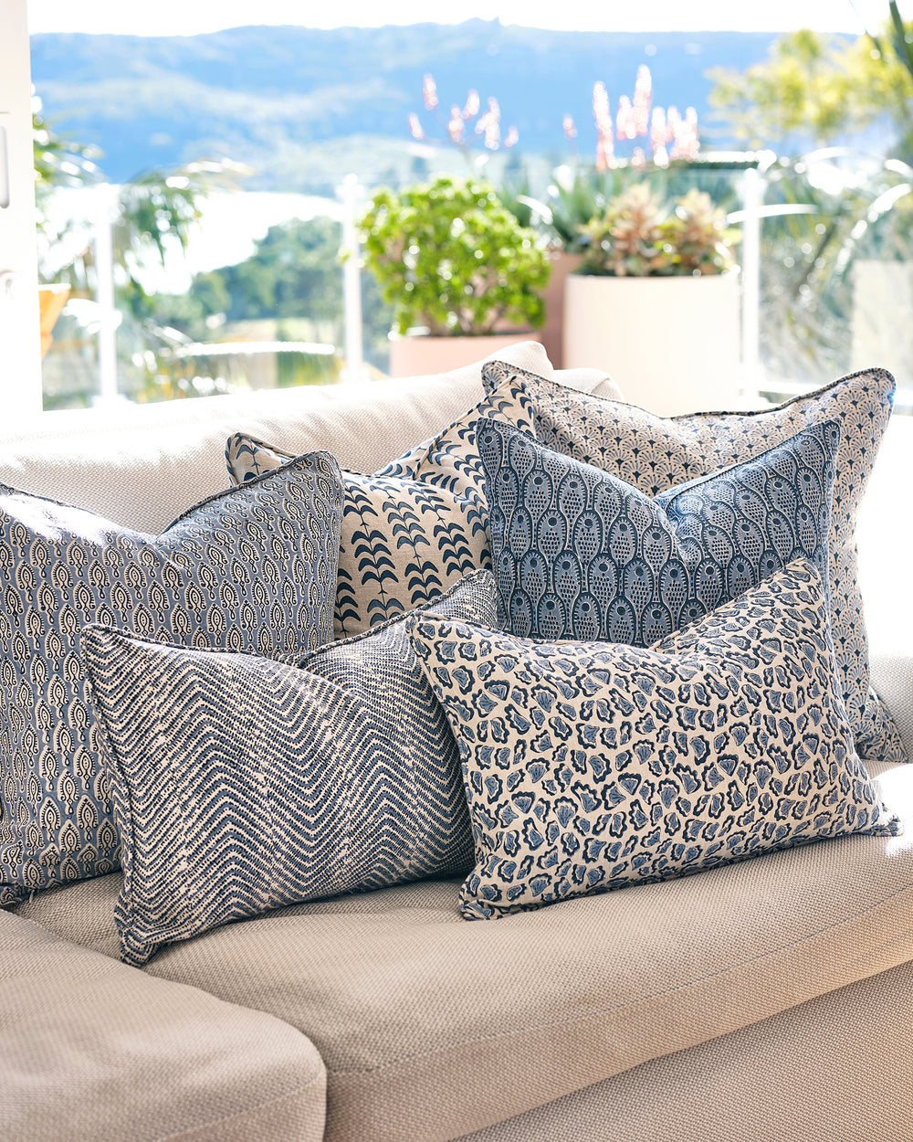 Malabar Azure linen cushion